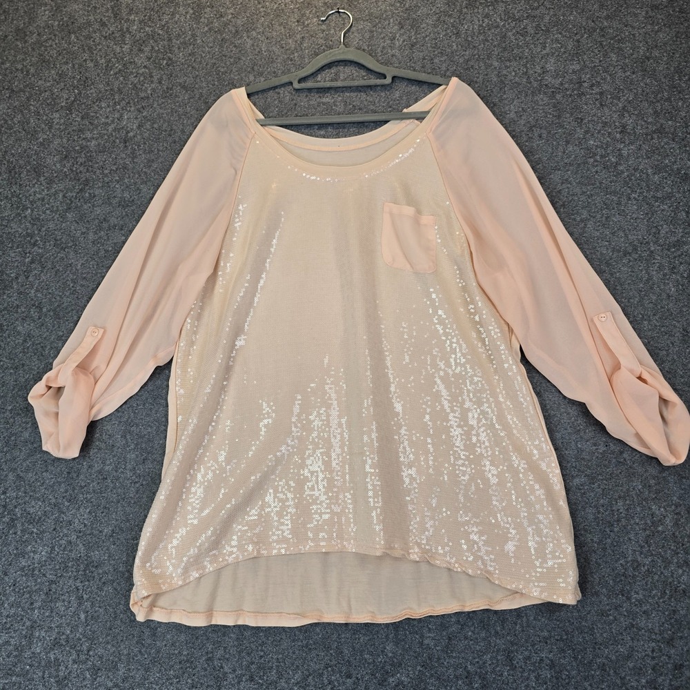 Lane Bryant Blouse Top Womens 18/20 Peach Stretch Sequin Detail Roll Tab Sleeve